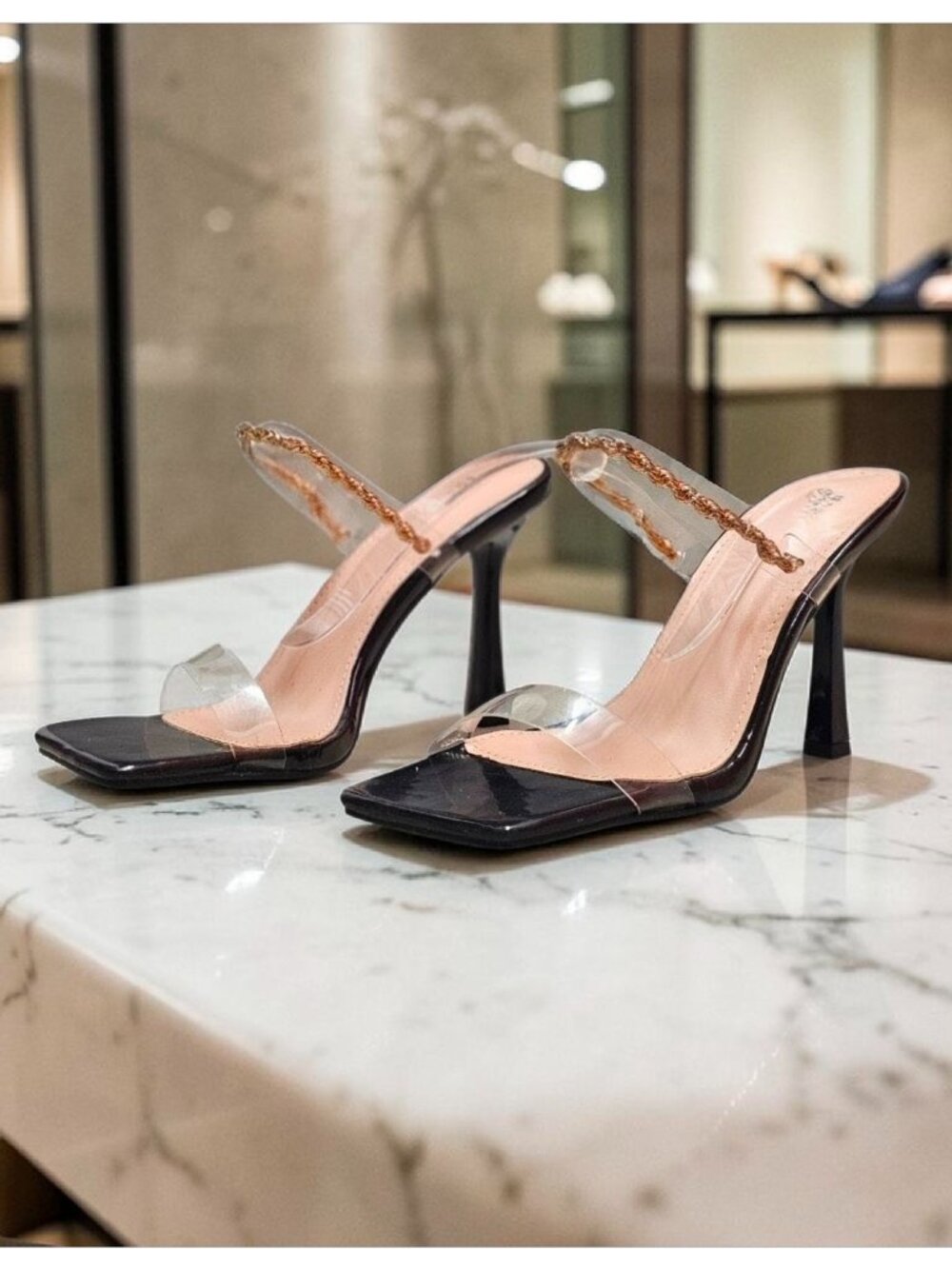 Clear Strap Stiletto Heels With Gold Chain Accent & Square Toe Design Elegant Tr